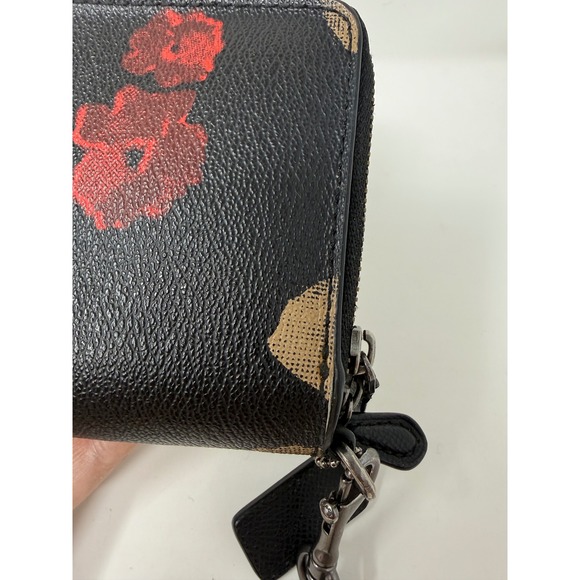 Coach Floral Poppy Double Zip Around Wristlet Wallet Black Red Leather - Picture 6 of 11